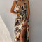 V-Neck Slip Dress Low Cut Printed Slit Dress