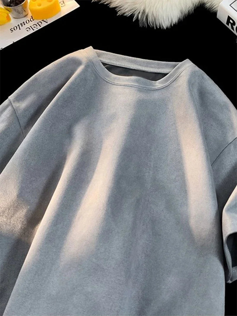 New Retro Suede T-Shirt Men Women Anti-Wrinkle Loose Crew Neck Casual Tshirts Summer Short Sleeve Fashion High Street T Shirt